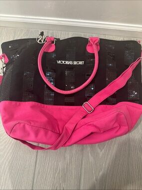 Victoria's Secret Black Sequin Tote with Hot Pink Base and Strap